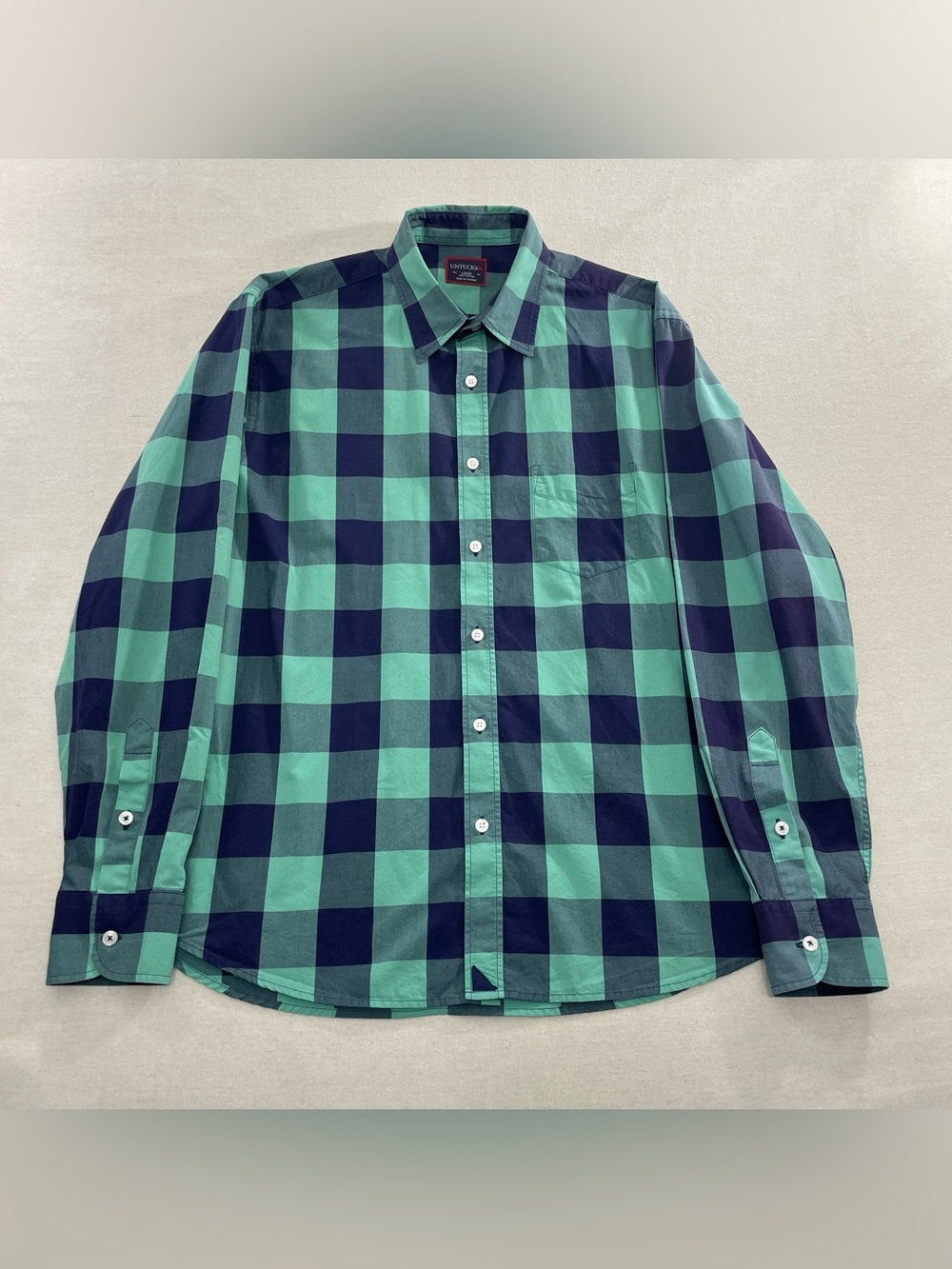 Untuckit Button Up Blue & Green Checkered Plaid Shirt Men’s Size Large Cotton